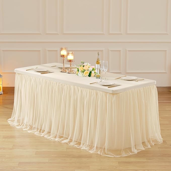 2 Pack 6ft Champagne Tulle Tablecloths for Rectangle Tables, 72 x 30 Inch Rectangular Table Cloth, Wrinkle Free Table Cover with Tutu Skirt for Wedding Birthday Party Banquet Buffet Decorations