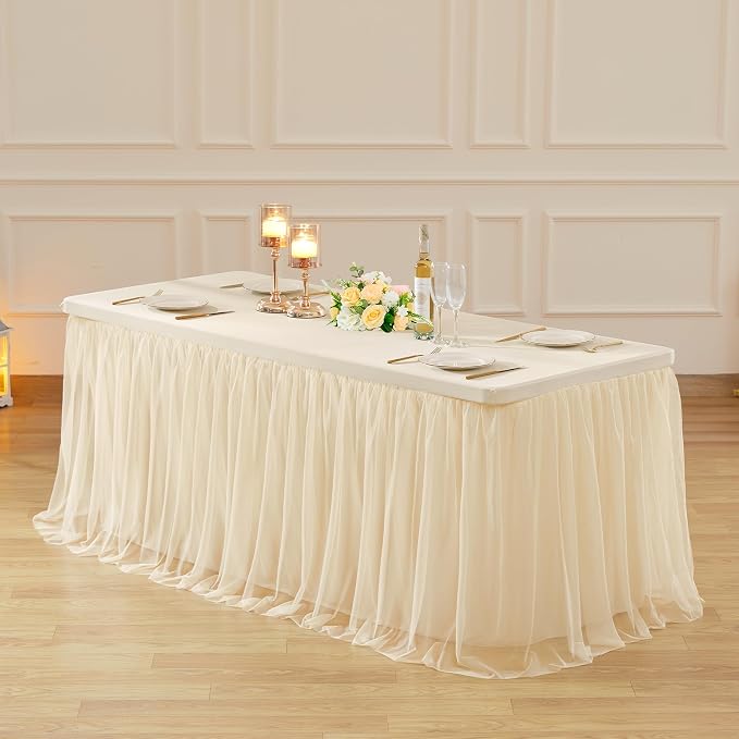 4 Pack 6ft Champagne Tulle Tablecloths for Rectangle Tables, 72 x 30 Inch Rectangular Table Cloth, Wrinkle Free Table Cover with Tutu Skirt for Wedding Birthday Party Banquet Buffet Decorations