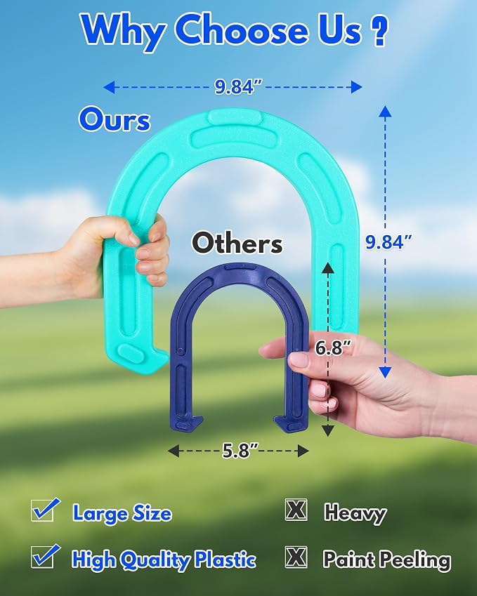 Giant Horseshoe Game Set for Adults and Family – 10" Oversized Lawn Toss Game with Jumbo Horseshoes, Rings, Stakes & Stands – Large Outdoor Yard Game for Backyard, Beach, Camping, Party Fun