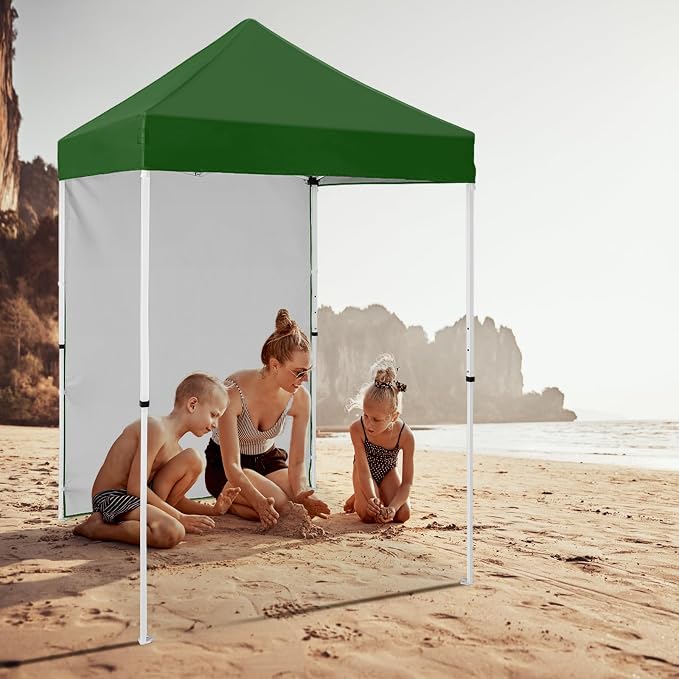 5x5 Pop Up Canopy Tent with One Sidewall, Instant Portable Beach Canopy, Outdoor Tent with Carry Bag for Camping, Sports, Tailgating, Events, Green