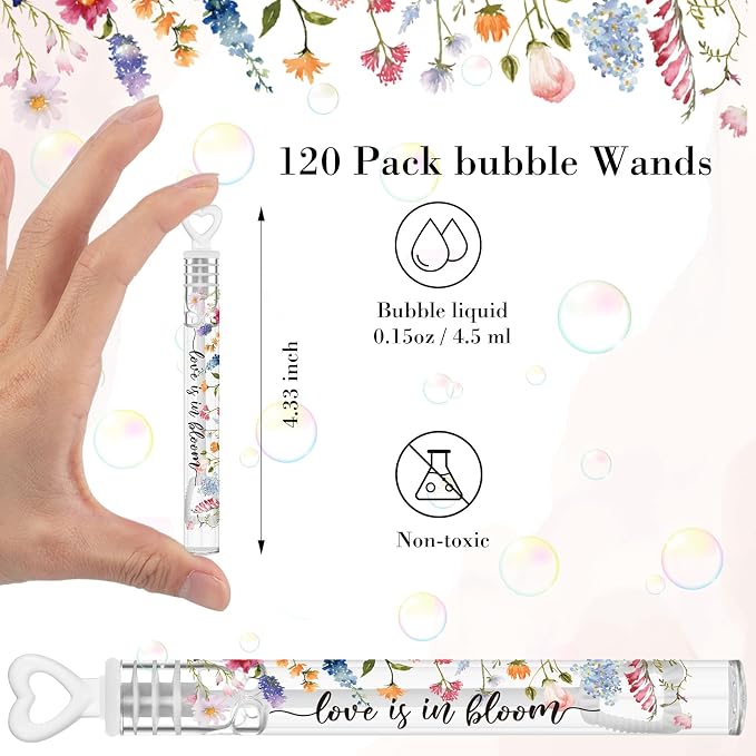 Hollowfly 120 Pack Wild Flower Wedding Mini Bubble Wands for a Wedding Bulk White Heart Bubble for Guests Send Off Wand Adults Bridal Exit Shower Party Supplies Valentine Anniversaries Celebration