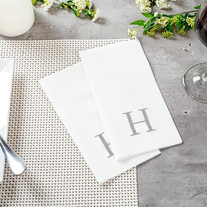 Luxenap 15.8 X 7.9 Inch Linen-Feel Guest Towels, 50 Lettered Hand Towels - Silver Letter 'H', Sans Serif Font, White Paper Dinner Napkins, airlaid, For Restrooms And Tables - Restaurantware