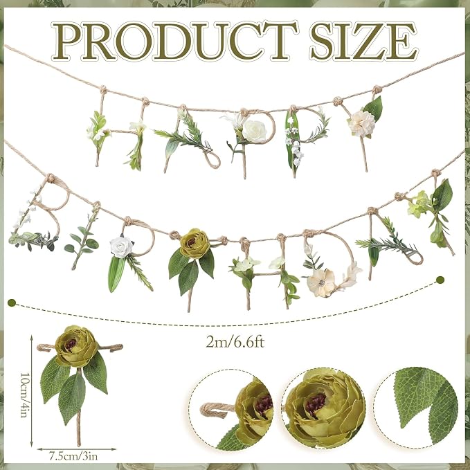 Norme 2 Pcs Green Leaves Birthday Party Decorations Banner Metal 3D Wildflower Happy Birthday Garland Garden Spring Tea Fairy Party Decorations for 16 21st 30th 40th 50th 60th 70th