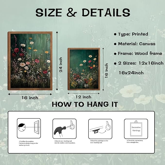 Vintage Wildflower Wall Art Set of 3, Dark Green Flower plant Canvas Prints Wall Decor, Gothic dark style pastoral landscape painting for Living Room Bedroom Farmhouse Home Decor 12x16in Wood Framed