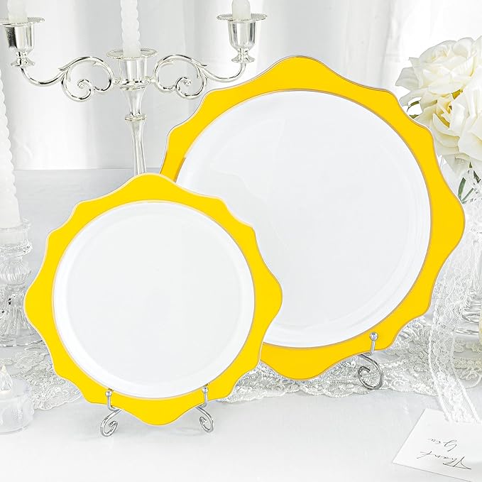 realluck 100 PCS White and Yellow Disposable Plates for 50 Guests, Scalloped Plastic Plates Include 50 Dinner Plates and 50 Dessert Plates for Party, Wedding