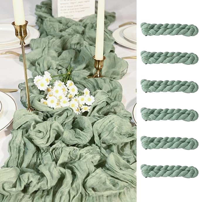 6 Pack Sage Green Cheesecloth Table Runners 35x120 Inch, Wide Boho Gauze Table Runner for Wedding Baby Shower Birthday Party Decor, Semi-Shear Rustic Tablecloth