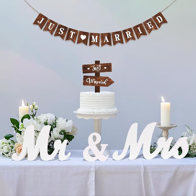 Rustic Just Married Wedding Banner & Mr Mrs Table Sign & Cake Topper in Wood Country Chic Wedding Decorations