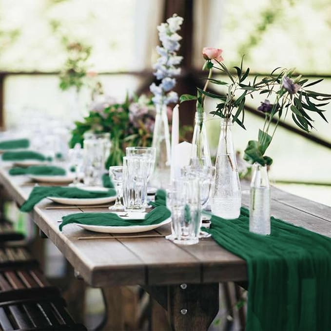 20 Pack Cheesecloth Table Runner 17 x 108 inch Long Boho Gauze Table Runners Semi Sheer Table Runner for Wedding Decor, Baby Shower, Birthday Party, Banquet (Emerald Green)