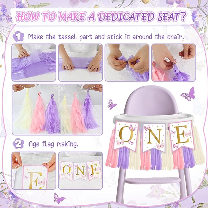 Butterfly First Birthday Decorations for Girl, 1st Birthday Decorations Girl Include Balloon Arch, Balloon Boxes, Highchair Banner, Photo Banner, Butterfly Banner, Cake Topper, Butterfly Stickers