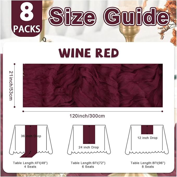 8 Pack Burgundy Valentine's Day Cheesecloth Table Runner 21x120 Inch Wine Red Gauze Reusable Polyester 10ft Boho Rustic Cheese Cloth Table Runner for Wedding Party Baby Shower Birthday