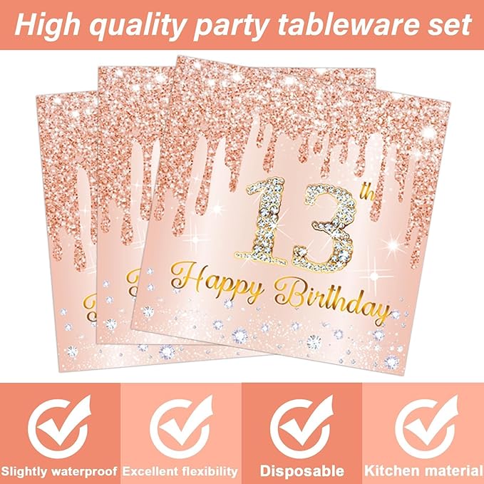 200 PCS Rose Gold 13th Birthday Party Plates Napkins Pink 13th Tableware Set for Happy 13 Years Old Birthday Decorations Dessert Plates Forks Serve 50 Guests for Girls 13 Years Old Party Supplies