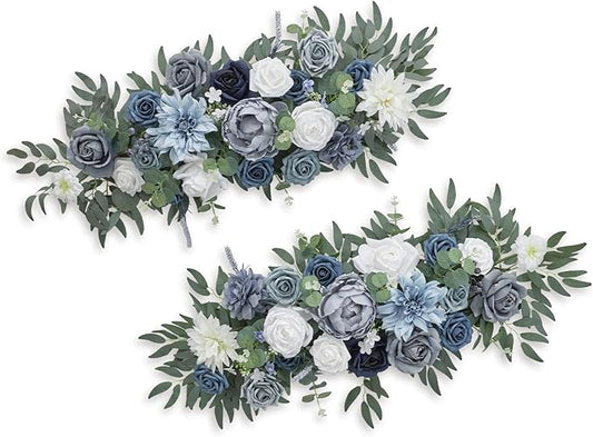 TINGE TIME Dusty Blue Flower Garlands, 2 PCS Artificial Eucalyptus Garlands, Handcraft Artificial Rose Arch Flowers for Wedding Arch Sweetheart Table Ceremony Backdrop Decorations for Home