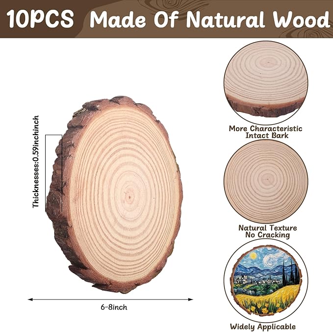 10 Pcs 6-8 Inch Unfinished Wood Slices for Centerpieces,Natural Wood Rounds for Crafts Rustic Wedding and Table Decorations,Wooden Discs with Tree Bark,Ideal for Crafts,Painting,and Holiday Decor