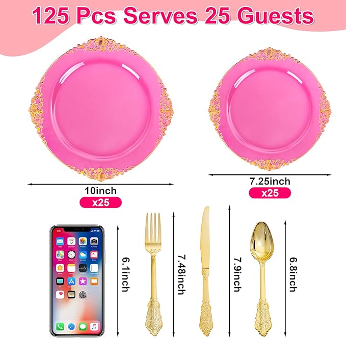125PCS Hot Pink Plastic Plates - Clear Pink Gold Disposable Plates - Hot Pink Party Plate with Gold Plastic Silverware Set for 25 Guests for Wedding Birthday Party Baby Shower
