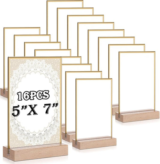 Vinsot 16 Pack 5x7 Inch Gold Acrylic Sign with Base T Shape Sign Holder Vertical Blank Stands Desktop Display Plastic Menu Frame Double Sided Stand for Wedding Restaurant Party Decor
