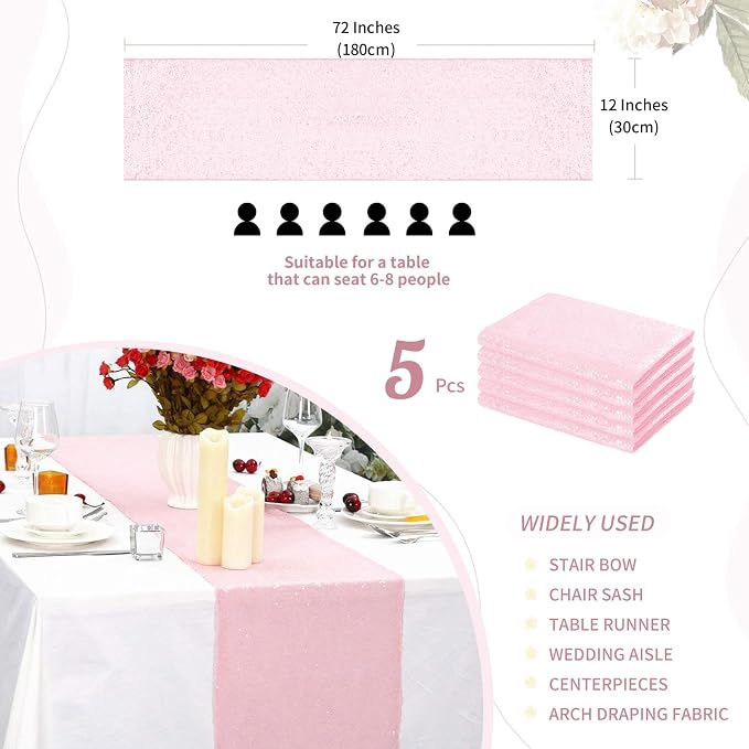 Sequin Table Runners 5 Pieces Pink Table Runners 12x72 Inch Glitter Dining Table Cover for Party Wedding Birthday Reception Banquet Decoration Spring Valentine Party Chair Sashes