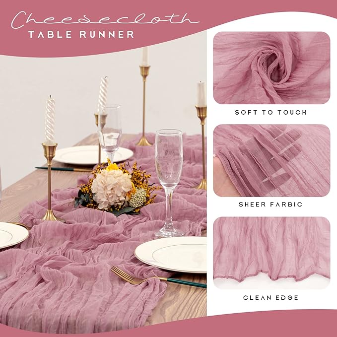 12 Pack Cheesecloth Table Runner 35 x 120 inch Long Boho Cheese Cloth Gauze Table Runners Semi Sheer Table Runner for Wedding Decor, Bridal Shower, Birthday Party (Dusty Rose)
