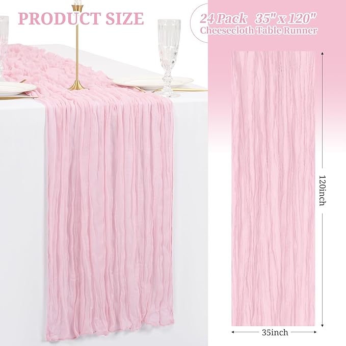 Showgeous 24 Pack Pink Cheesecloth Table Runner, 10FT Long Semi-Sheer Boho or Rustic Gauze Table Runner Wedding Table Decor for Wedding Arch Draping Bridal Shower Holiday Party