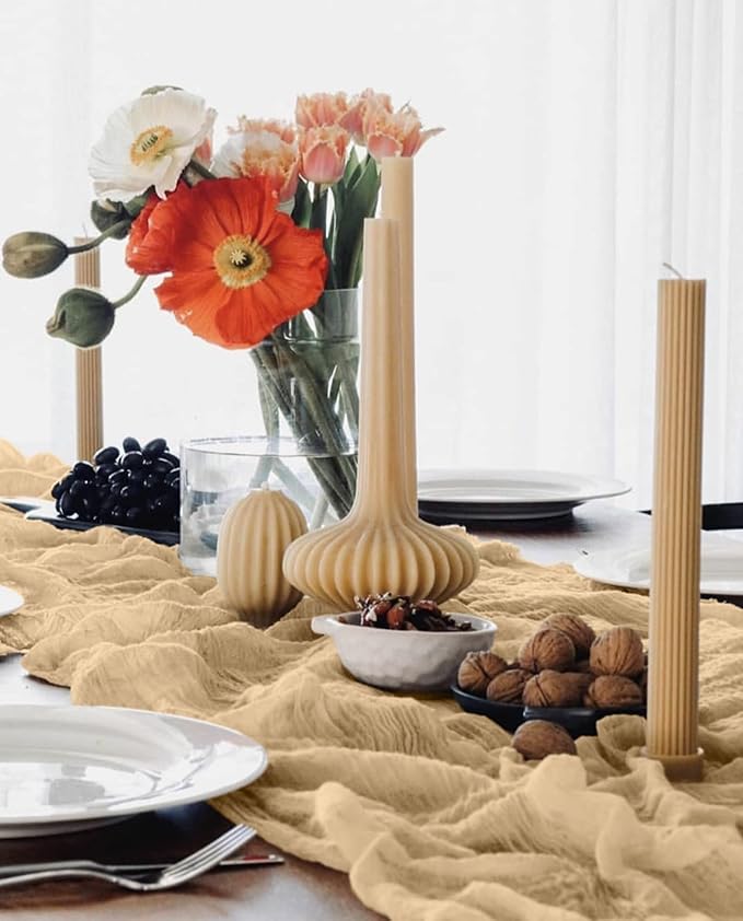 12 Pack Beige Cheesecloth Table Runner 10FT Boho Gauze Cheese Cloth Table Runner Rustic Sheer Fabric Table Runners for Wedding Bridal Shower Baby Shower Party(21.5×120 Inch)
