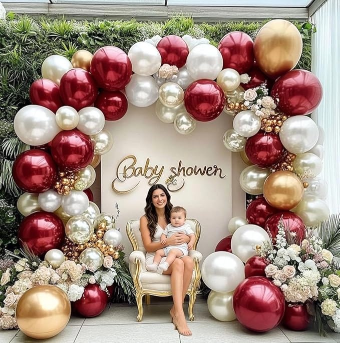 Burgundy Gold Balloons Garland Double Stuffed Pearl White Gold Maroon Wine Red Balloon Arch Kit for Wedding Baby Shower Mother's Day Birthday Party Decoration