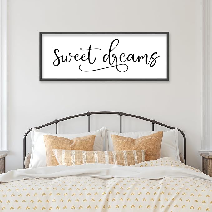 YWJKWLGS Sweet Dreams Wall Decor Signs Above Bed Bedroom Wall Art Over Bed | 40x15 Inch Farmhouse Handwritten Art Large Rustic Black Wood Framed Master Guest Room Kids Room Wall Hanging