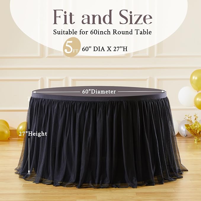 HB HBB MAGIC Black Round Tablecloths 60 inch Stretchy Elastic Fitted Round Table Cloths Round Cover 120 inch, Black Round Tulle Tablecloth Tulle Table Cloth with Skirt for Wedding Birthday Party