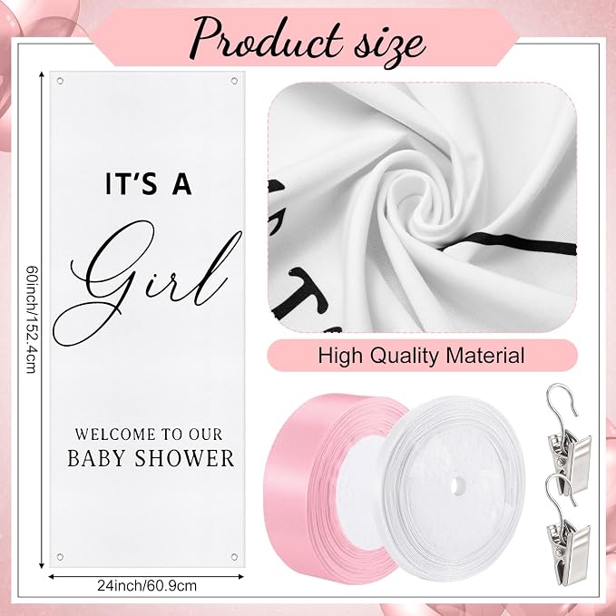 Oudain 24x60 Inch It's a Girl Burlap Banner, Baby Shower Fabric Backdrop with Pink Ribbons and Hooks, Rustic Boho Photo Props Sign for Gender Reveal Party Wall Hanging Indoor Outdoor Decoration