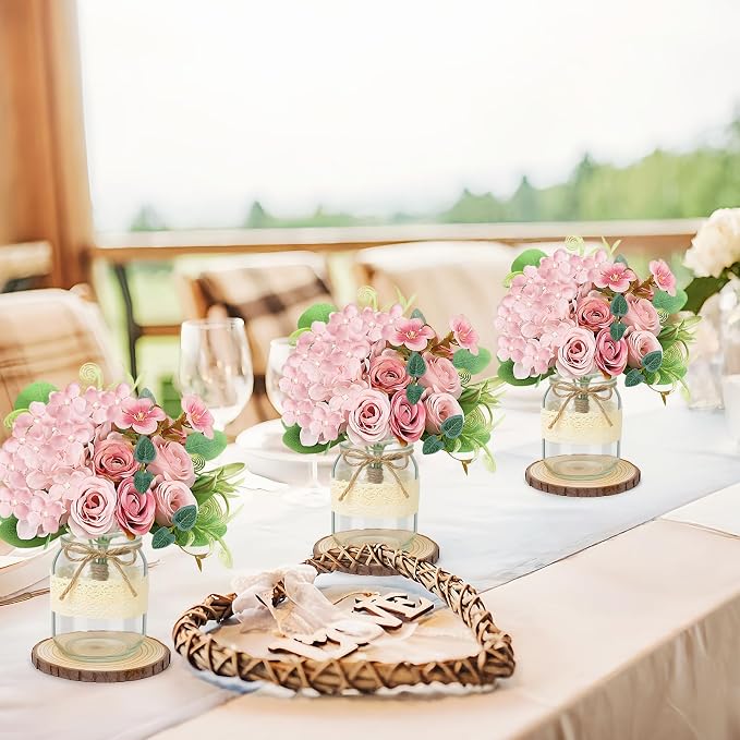 Set 10 Mason Jar Table Centerpiece - Wedding Centerpieces for Tables, Mason Jar Flower Vases Decor- Boho Farmhouse Rustic for Engagement, Bridal Shower, Wedding, Versatile Decor (Pink)