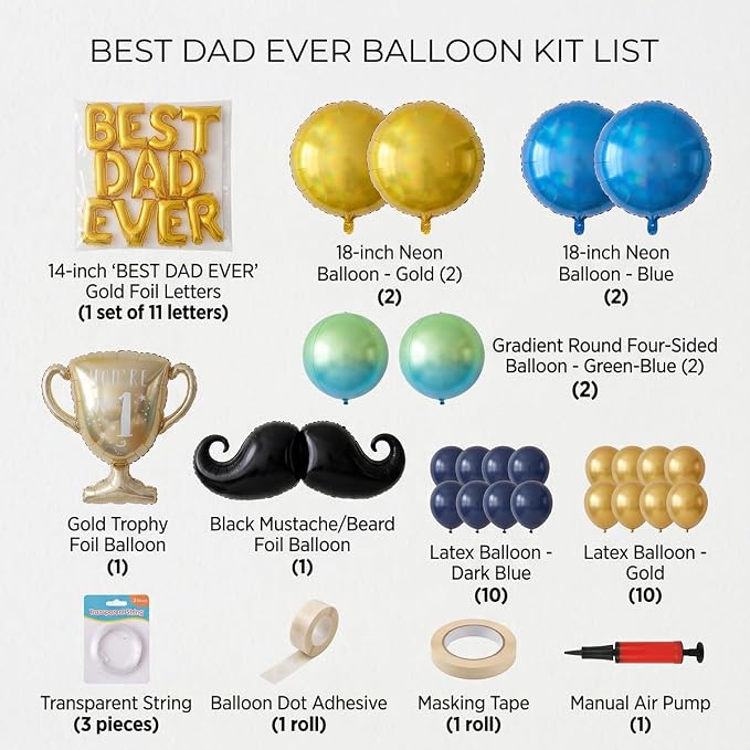 45 PCS Fathers Day Gift for Dad Foil Balloon Party Decorations Balloons Kit, "Best Dad Ever" Letter Balloons Navy Blue Gold Latex Balloons for Father 'You Are No.1', Father's Day Party Decor