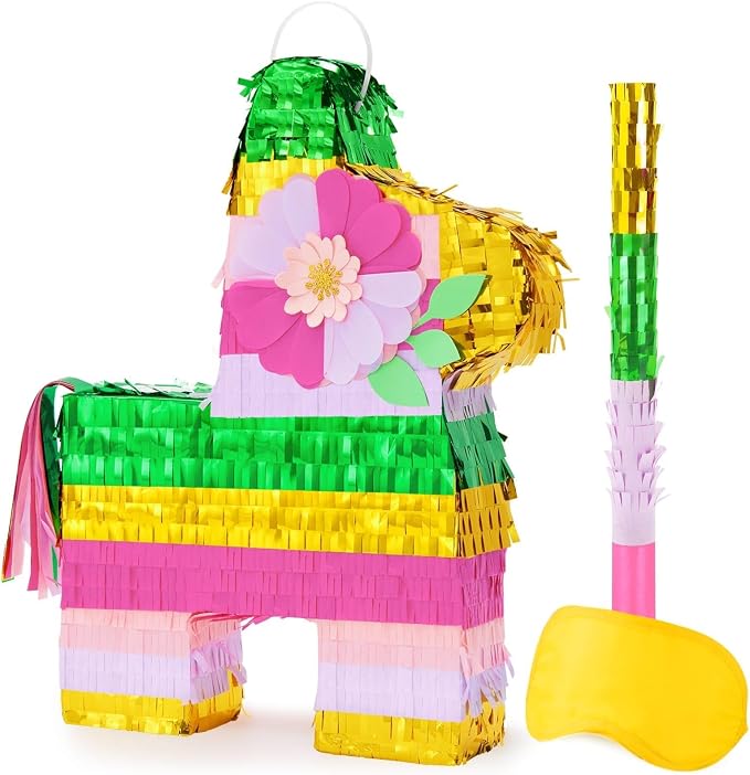 WERNNSAI 16.5" Tropical Hawaii Piñata - Rainbow Donkey Piñata with Blindfold Bat for Mexican Piñata Fiesta Party Decorations Luau Event Birthday Hawaiian Party Supplies Mexican Theme Carnivals