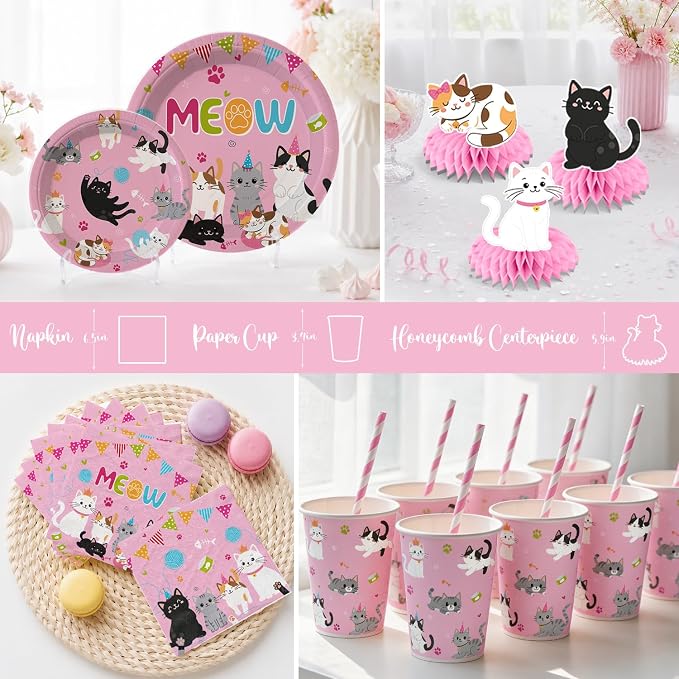 213pcs Cat Birthday Decorations, Complete Paper Tableware Set Includes 350gsm Plates 24 Cupcake Toppers and 2 Waterproof Tablecloths, Cat Themed Birthday Party Decorations for 25 People