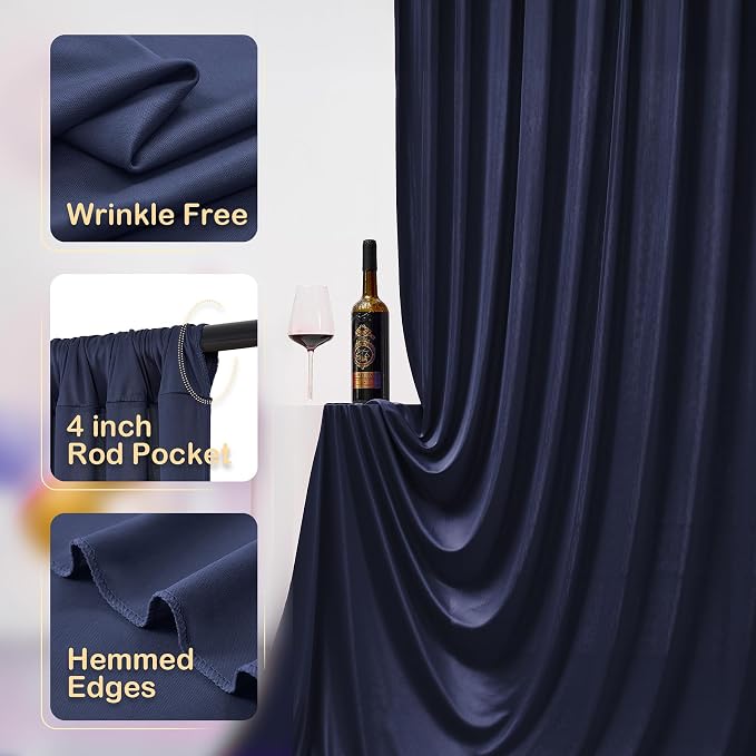 10x10ft Wrinkle Free Navy Blue Backdrop Curtains for Party Background, Silky Polyester Blue Photo Backdrop Drapes 2 Panels 5x10ft Back Drop Cloth Drapery for Wedding Birthday Photography Decor
