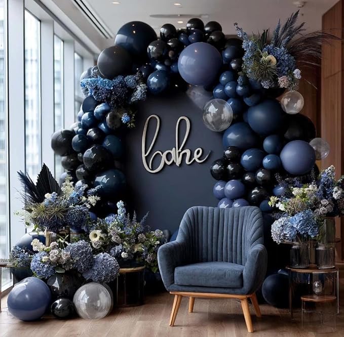 Navy Blue Black Balloon Arch Kit Double Stuffed, Dark Lavender-Blue Matte Black Balloon Garland with Clear Bobo Latex for Birthday Baby Shower Men Graduation Wedding New Year Party Decoration