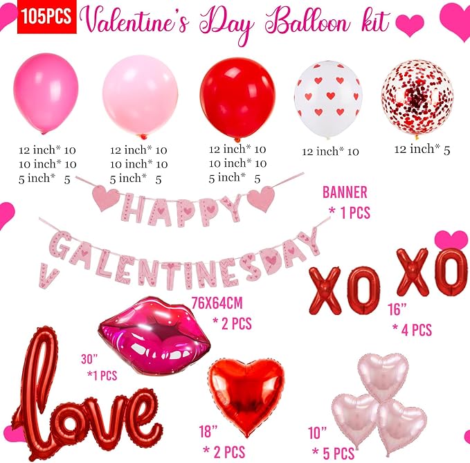Valentines Day balloon garland arch kit with Banner red Hot pink and love lip heart XOXO balloons for Valentines galentines Day Proposal decorations Hotel Room Surprise