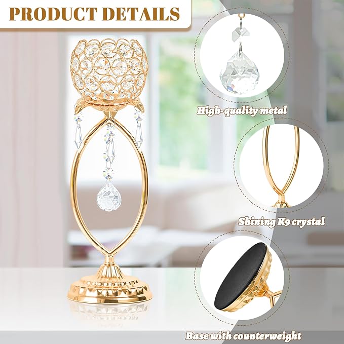 2 Pcs Elegant Metal Crystal Tea Light Candle Holders with Crystal Pendants, Hollow Design - Wedding Table Centerpieces for Anniversary Birthday Party, Home Decor (12, Gold)