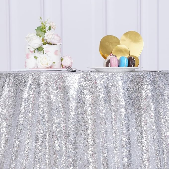 Poise3EHome 90 Inch Round Silver Sequin Tablecloth for Party Cake Dessert Table Exhibition Events