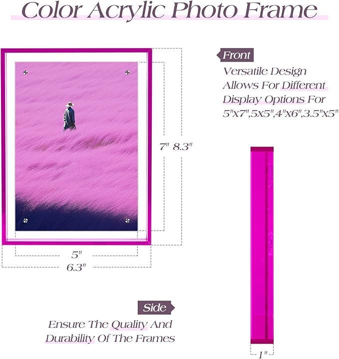 TWING 5x7 Picture Frame, Acrylic Photo Frame Self Standing Magnetic Color Floating Picture Frame Use as 5x7, 5x5, 4x6 - Horizontal and Vertical Formats for Wall and Tabletop Display, Purple, 1 Pack