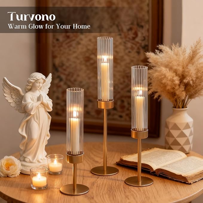 Gold Candle Holders Set of 9, Hurricane Brass Candlestick Holders for Taper Candles, Tall Candle Sticks Holder for Table Decor, Wedding, Party & Home Decorations