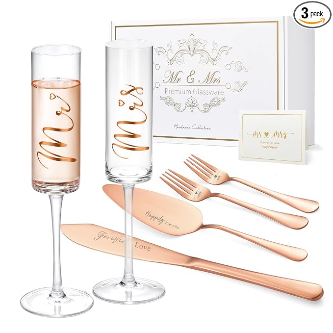 ROXBURGH Wedding Cake Knife and Server Set, Bride and Groom Mr and Mrs Champagne Flutes & Forks with Giftable Box, Cake Cutting Set for Wedding Engagement Bridal Shower Gifts
