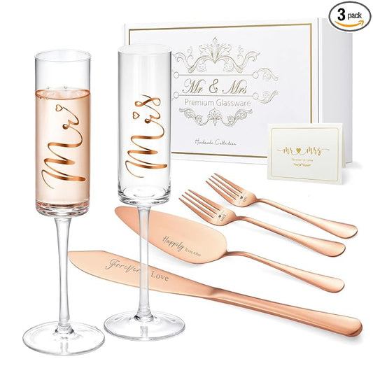 ROXBURGH Wedding Cake Knife and Server Set, Bride and Groom Mr and Mrs Champagne Flutes & Forks with Giftable Box, Cake Cutting Set for Wedding Engagement Bridal Shower Gifts
