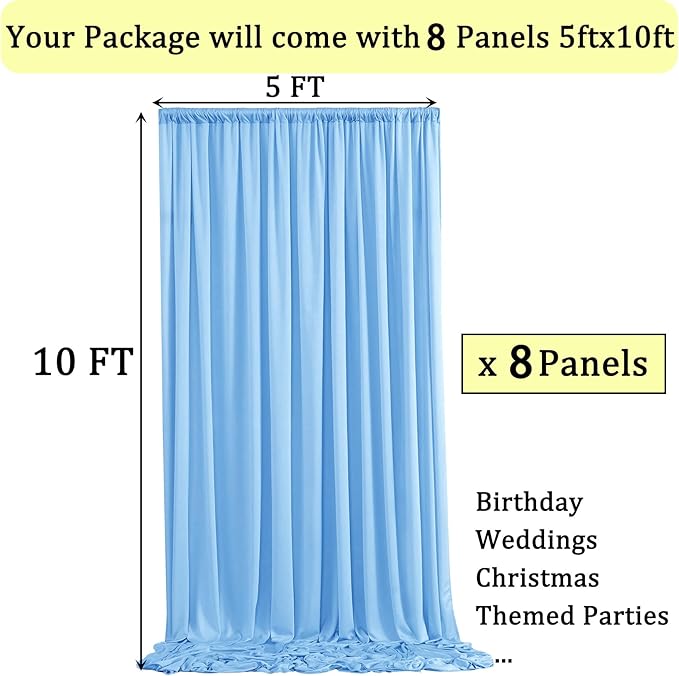 40ftx10ft Wrinkle Free Baby Blue Backdrop Curtains for Parties, 8 Panels Thick Polyester Backdrop Drapse for Weddings Birthday Photography Background Curtains
