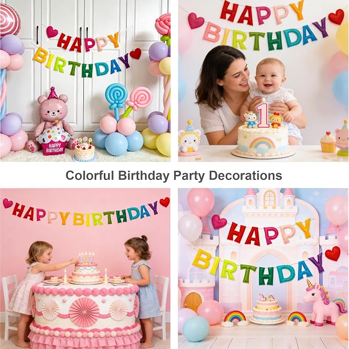 Colorful Pre-Strung 3D Happy Birthday Banner with Heart, Reusable Happy Felt Garland, Rainbow Party Decorations, Personalized Birthday Sign for Girls Boys Womens Mens