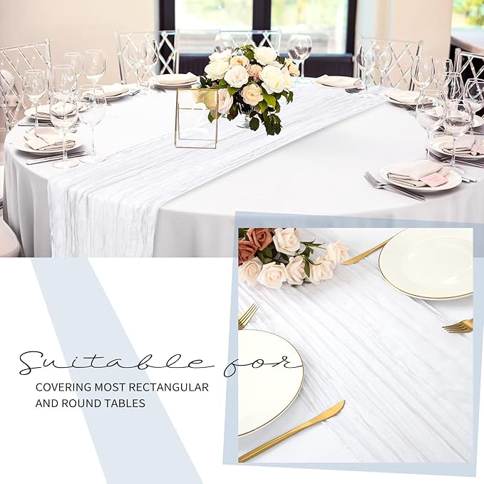24 Pack Cheesecloth Table Runner 20 x 120 inch Cheese Cloth Table Runner Bulk,Romantic Boho Sheer Gauze Fabric Table Runners for Wedding Reception,Party,Bridal Shower Table Decor(White)