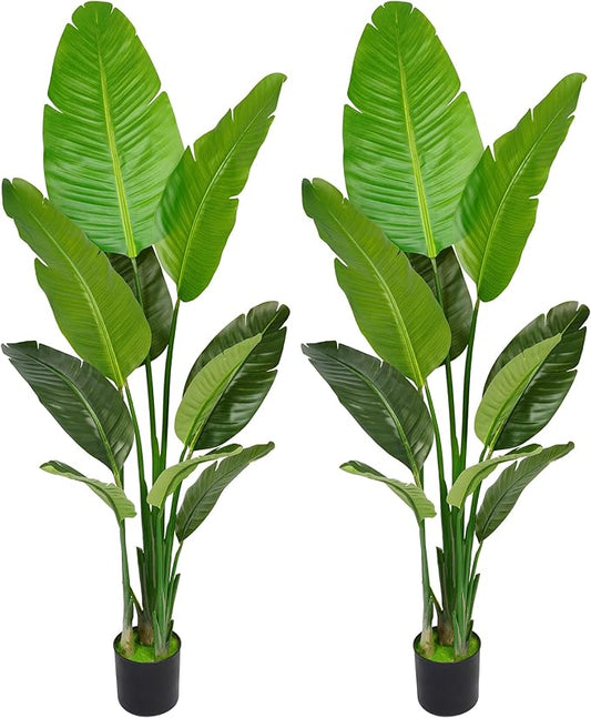 Artificial Bird of Paradise Plant 5.2FT Set of 2, Large Faux Palm Tree with Lifelike Banana Leaves, Realistic Tall Potted Fake Plant for Front Porch Living Room Patio Indoor Outdoor