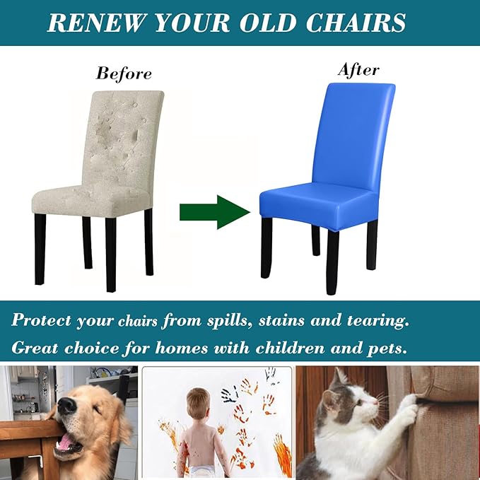 HFCNMY Dining Room Chair Covers - Waterproof PU Slipcovers for Dining Set of 4, Soft, Washable, Blue