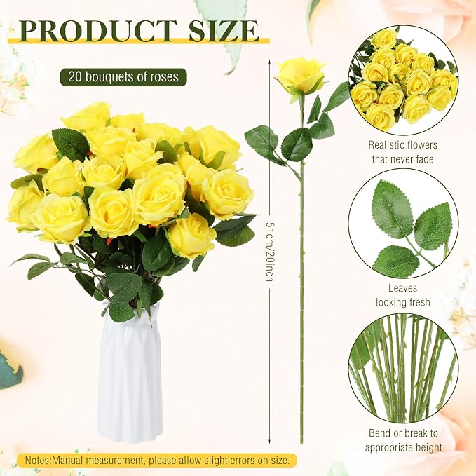 Hotop 20 Pcs Artificial Rose Flowers with Long Stem, Real Lifelike Silk Realistic Plastic Bouquet Roses Bulk for Home Decor Bridal Wedding Party Table Centerpieces Decorations(Yellow)