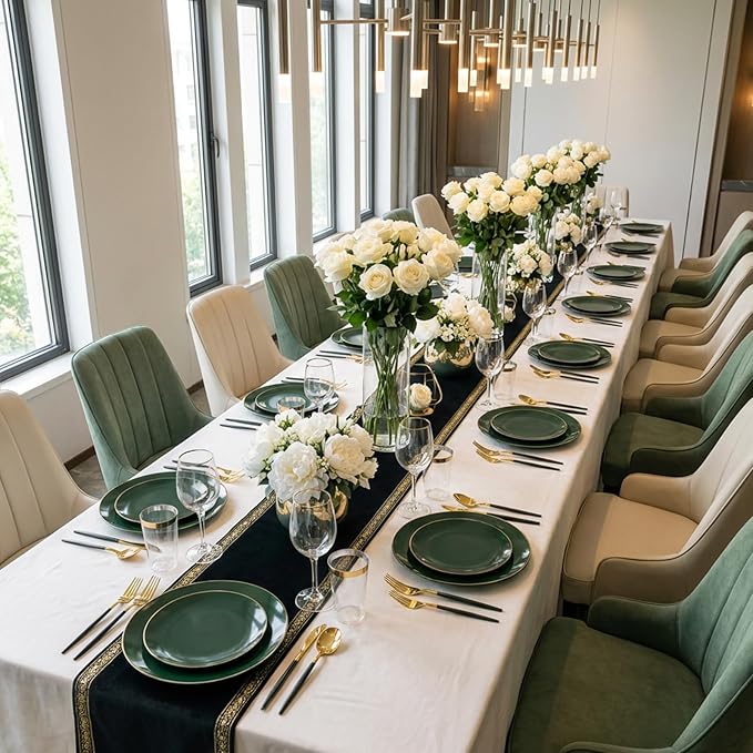 DaYammi 150Pcs Green Plastic Plates with Gold Rim,Gold and Green Disposable Plates with Cutlery Included 30 Dinner Plate,30 Dessert Plate,30 Knives,30 Forks,30 Spoon, green plates for Party Dinner