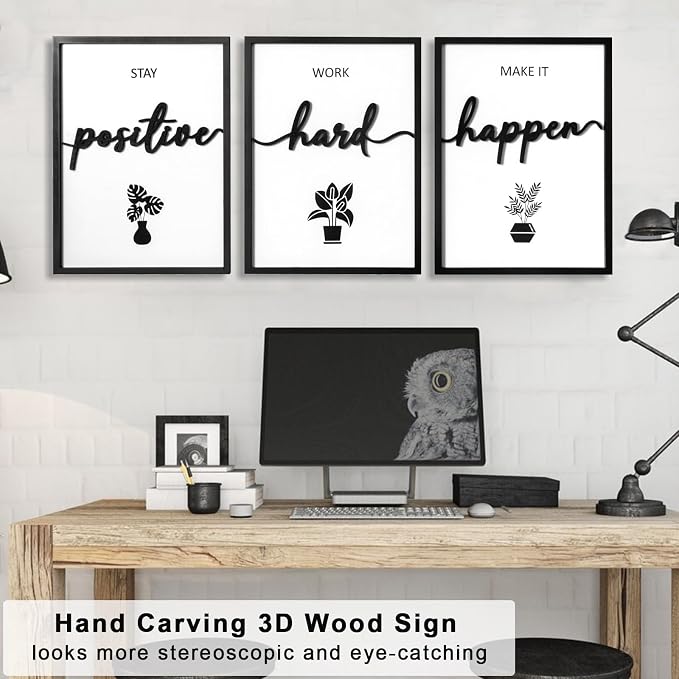 3D Wood Inspirational Wall Art, Framed Motivational Office Wall Decor, Positive Affirmations Wall Decor for Home Office Bedroom Living Room (Ready to Hang, 12x16 Inch, Set of 3, Framed)