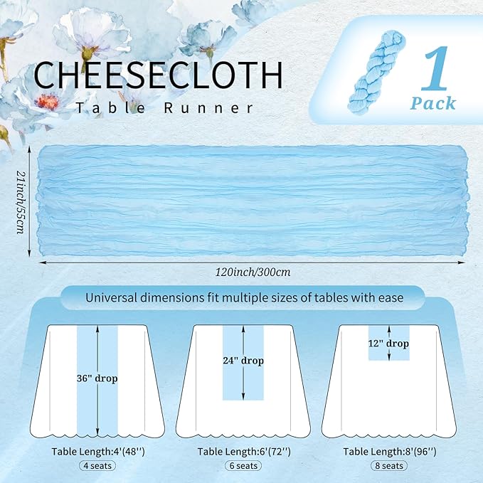 1 Pack Cheesecloth Table Runner 10FT Baby Blue Table Runner Light Blue Boho Gauze Cheese Cloth Table Runners Long Rustic Sheer Table Decorations for Wedding Party Baby Bridal Shower Birthday Holiday