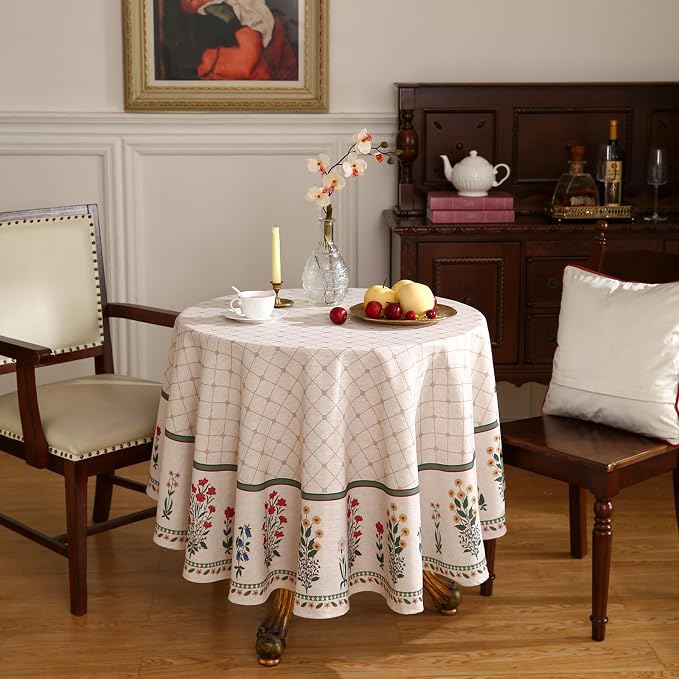 ISAENNE Designer French Round Linen Tablecloth,Diameter 67"-Bertina E | Elegant Vintage Table Cloth,Colorful Floral Pattern,Beautiful,Durable,Heavyweight,Dining Room,Kitchen,Thanksgiving,Decor